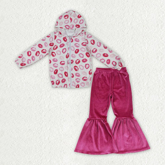 Baby Girl Kids Long Sleeves Zipper Hoodie Mouths Tops Velvet Pants Set Valentine Clothes