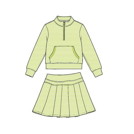 Moq 5 Preorder Baby Girls Kids Long Sleeves Green Stripes Zipper Shirt Skirt Shorts Set Yoga Active Clothes