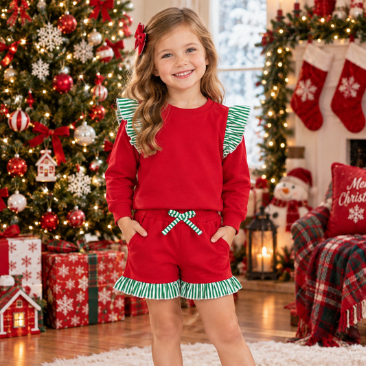 Baby Girls Kids Long Sleeves Tops Pockets Shorts Cotton Christmas Set Red Clothes