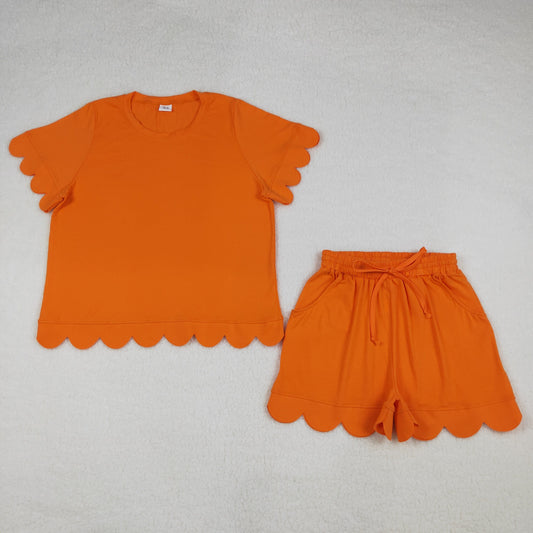 RTS Adult Women Orange Short Sleeves Scallop Shirt Shorts Pajamas Cotton Clothes Set