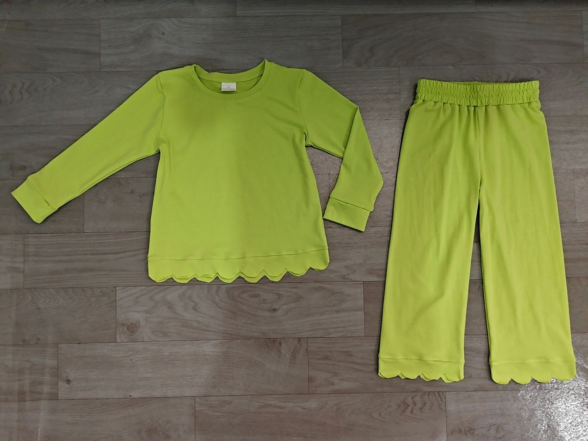 No moq Preorder Baby Girls Kids Long Sleeves Shirt Pants Set Pajamas Scallop Green Clothes