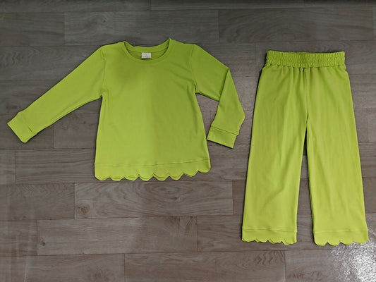 No moq Preorder Baby Girls Kids Long Sleeves Shirt Pants Set Pajamas Scallop Green Clothes