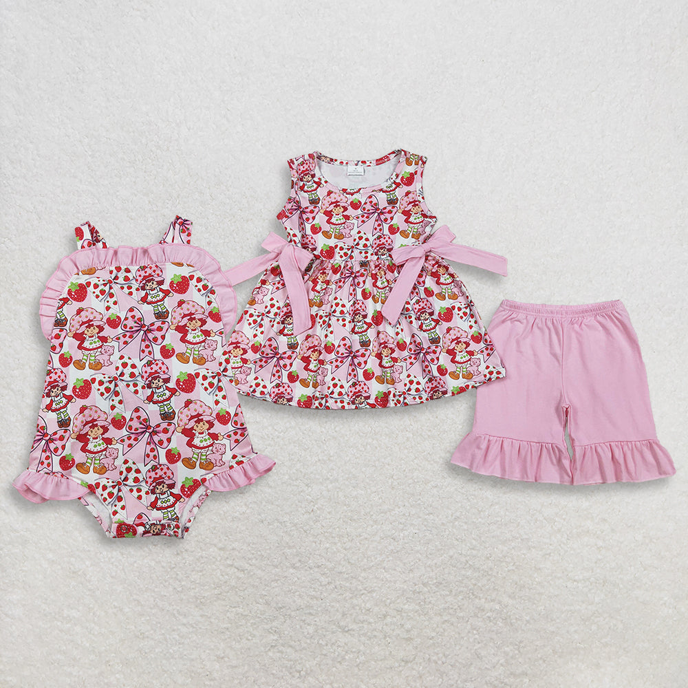 RTS Sibling Baby Girls Sleeveless Strawberry Bows Tunic Shorts Set Romper Summer Clothes