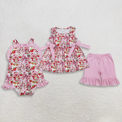 RTS Sibling Baby Girls Sleeveless Strawberry Bows Tunic Shorts Set Romper Summer Clothes