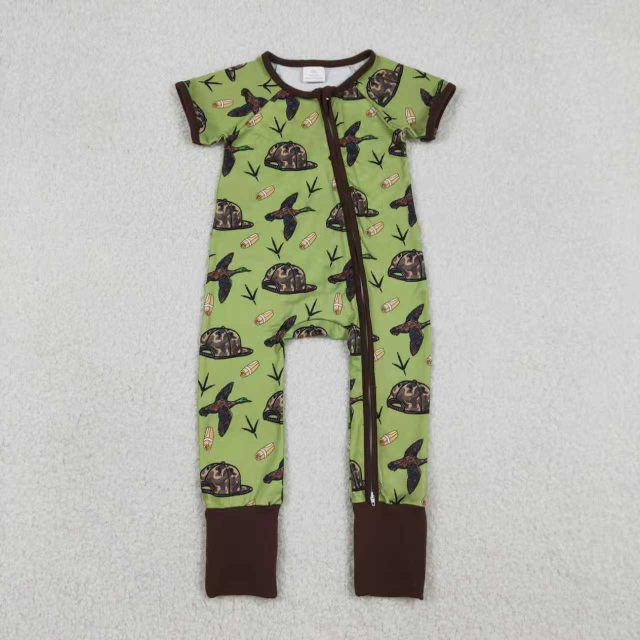 Sibling Baby Boys Short Sleeves Ducks Camo Hats Hunting Green Zipper Romper Outfit Pajamas