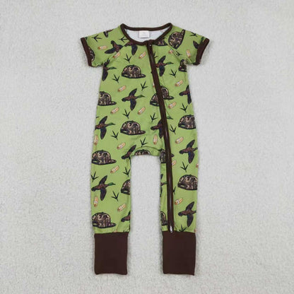 Sibling Baby Boys Short Sleeves Ducks Camo Hats Hunting Green Zipper Romper Outfit Pajamas