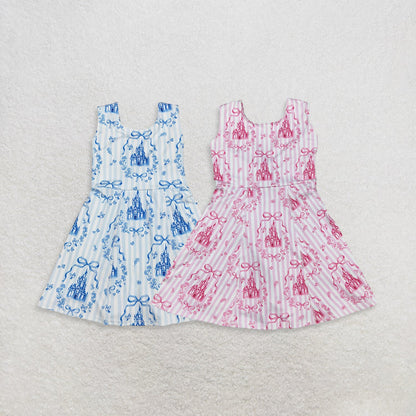 Sibling Baby Girls Kids Sleeveless Castles Bows Floral Shorts Knee Length Dresses