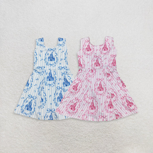 Sibling Baby Girls Kids Sleeveless Castles Bows Floral Shorts Knee Length Dresses
