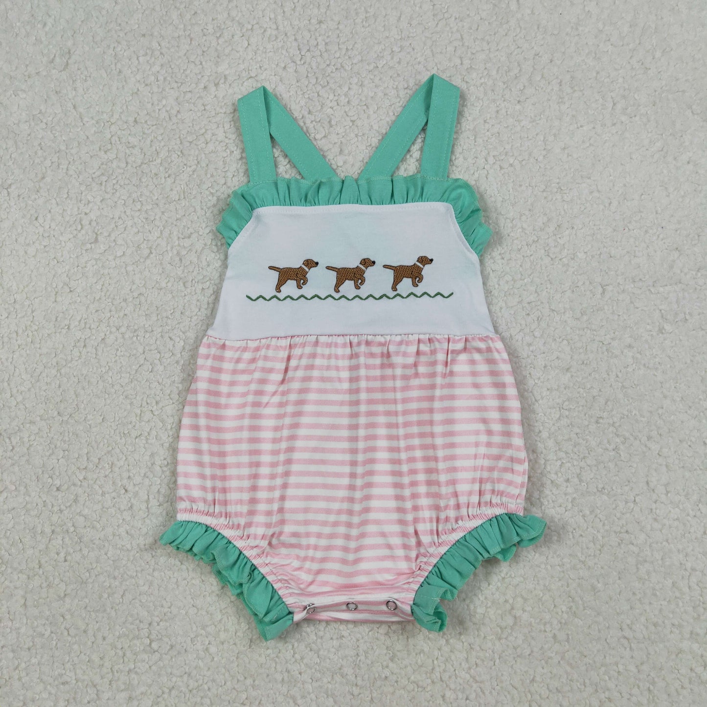 RTS Baby Girls Infant Straps Embroidery Dogs Stripes Ruffle Bubble Romper