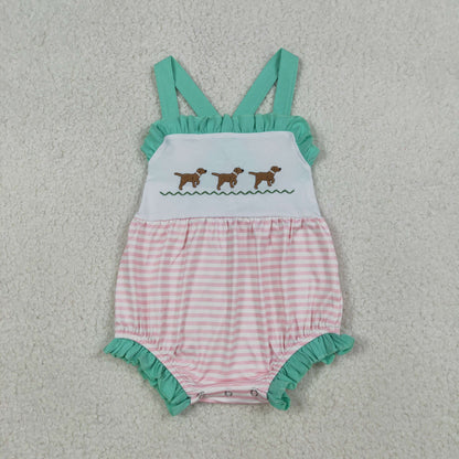 RTS Baby Girls Infant Straps Embroidery Dogs Stripes Ruffle Bubble Romper