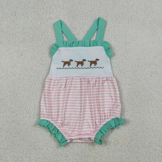 RTS Baby Girls Infant Straps Embroidery Dogs Stripes Ruffle Bubble Romper