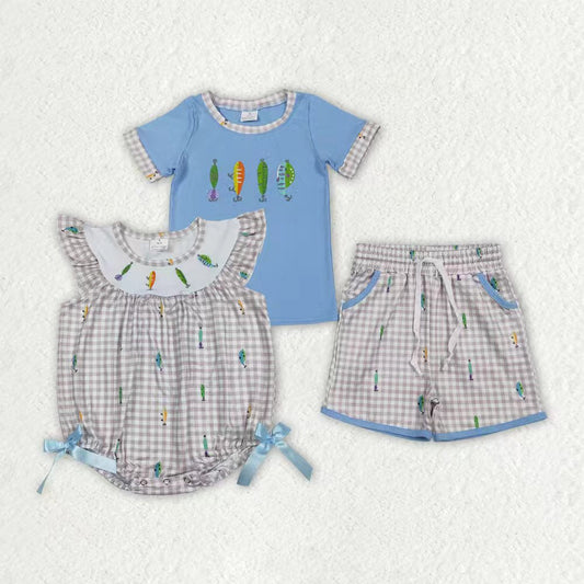 Sibling Baby Boys Short Kids Sleeves Embroidery Fishing Plaid Romper Set