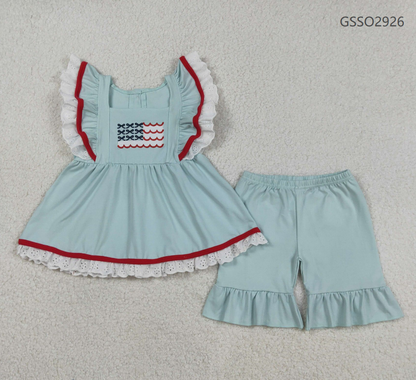 Baby Girls Short Sleeves Embroidery Flag Ruffle Tops Blue Shorts 4th of July Clothes Set RTS