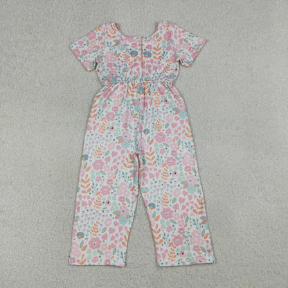 RTS Baby Girls Toddler Short Sleeves Flower Pockets Pants Jumpsuit