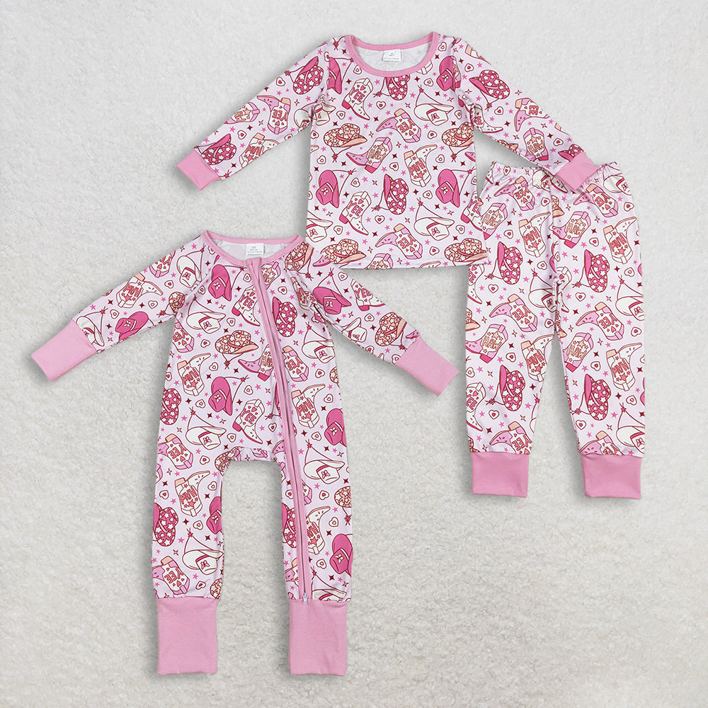 Sibling Baby Girls Long Sleeves Hats Boots Hearts Valentine Pink Zipper Footie Romper Pajamas Set