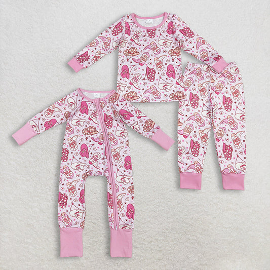 Sibling Baby Girls Long Sleeves Hats Boots Hearts Valentine Pink Zipper Footie Romper Pajamas Set