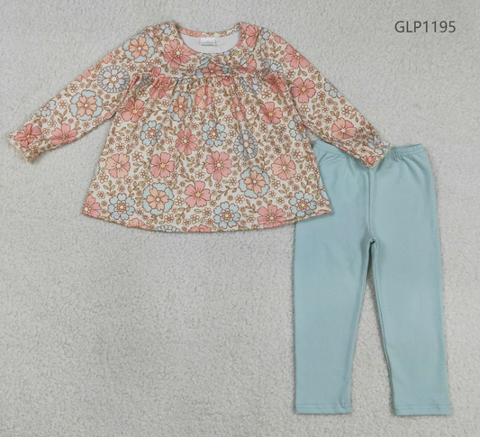 RTS Baby Girls Kids Long Sleeves Flower Tunic Blue Legging Pants Clothes Set