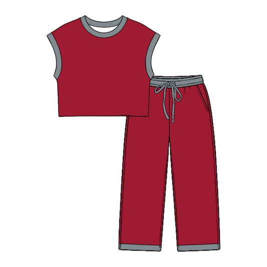 Moq 5 Preorder Baby Girls Kids Grey Trim Shirt Tops Pockets Pants Cotton Set Red Clothes
