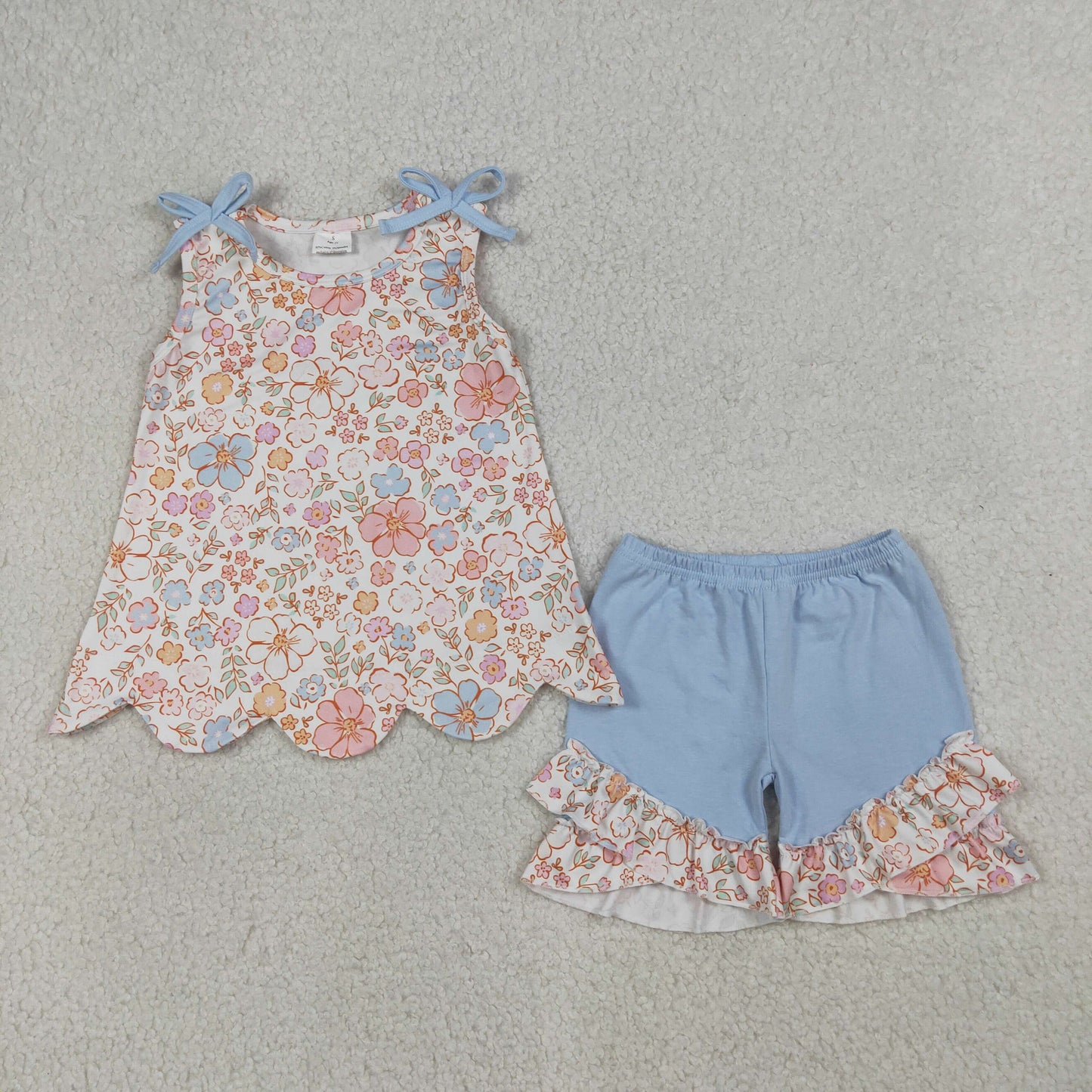 RTS Baby Girls Kids Sleeveless Flower Scallop Tops Blue Ruffle Shorts Summer Set
