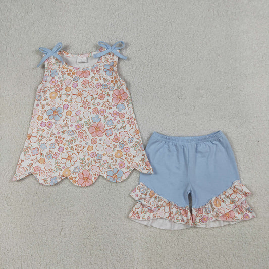 RTS Baby Girls Kids Sleeveless Flower Scallop Tops Blue Ruffle Shorts Summer Set