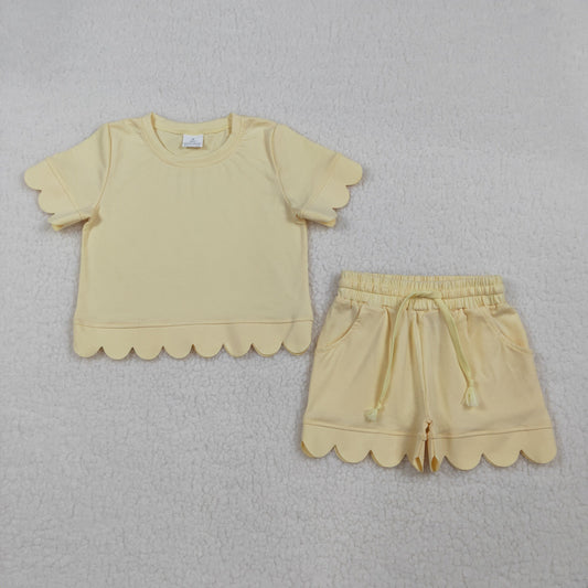 RTS Baby Girls Short Sleeves Yellow Shirt Scallop Shorts Girls Summer Clothes Cotton Set