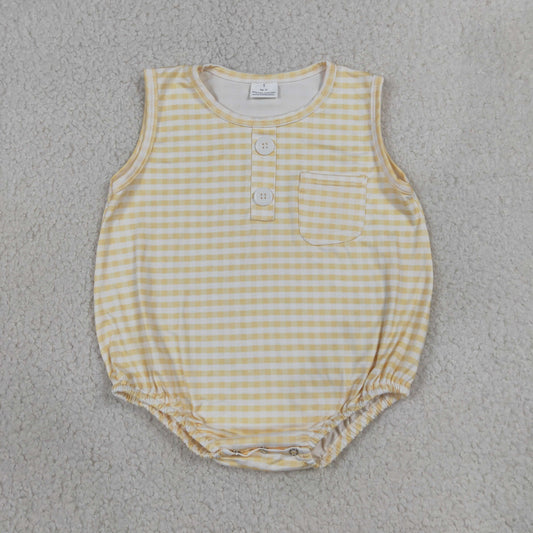 Baby Boy Infant Sleeveless Yellow Plaid Pocket Summer Bubble Romper