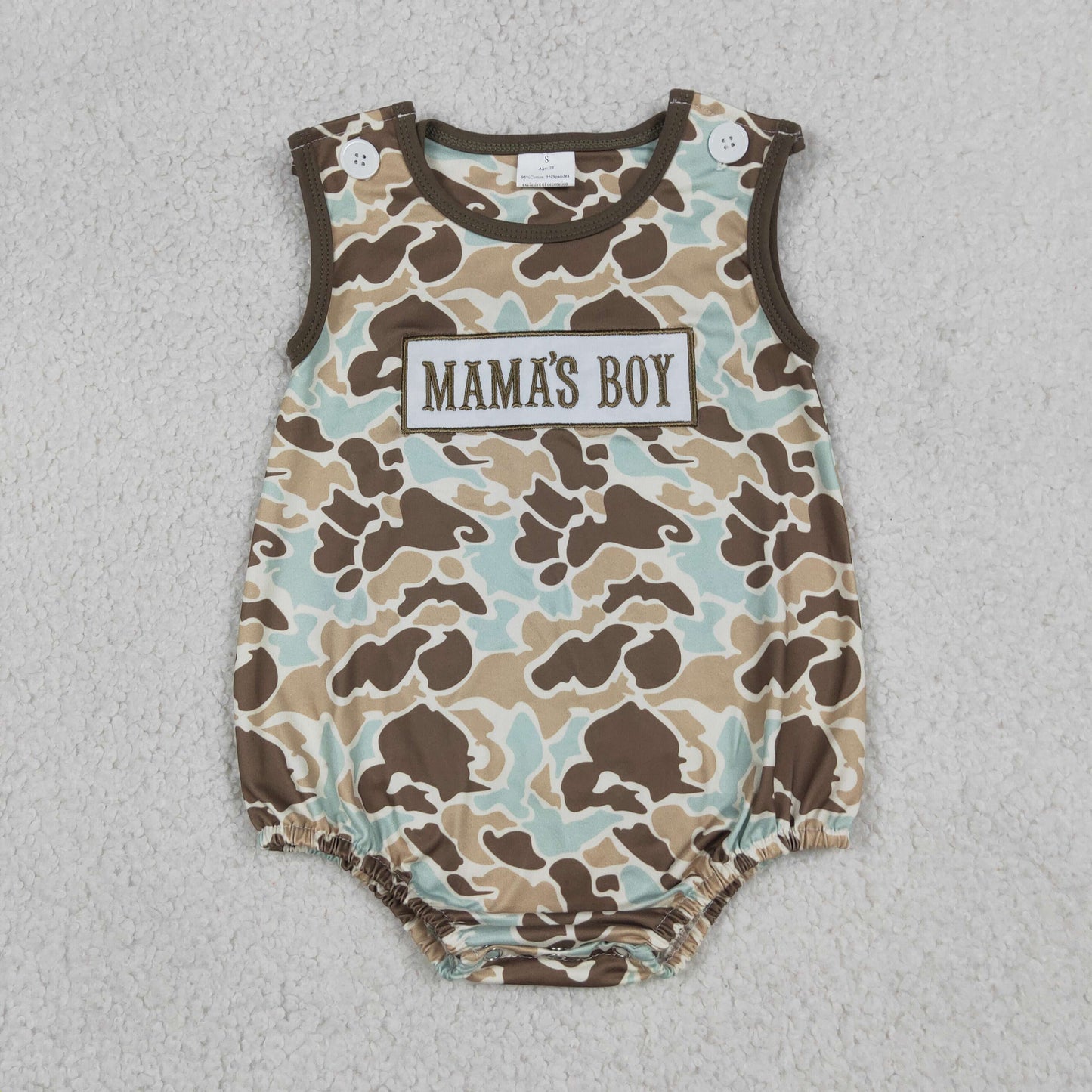 Baby Boys Sleeveless Embroidery Mama's Boy Green Brown Camo Bubble Romper