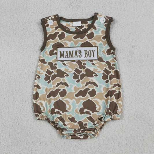 Baby Boys Sleeveless Embroidery Mama's Boy Green Brown Camo Bubble Romper