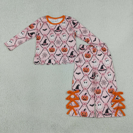 Baby Girls Kids Halloween Ghosts Pumpkins Bows Scallop Shirt Pants Set Clothes