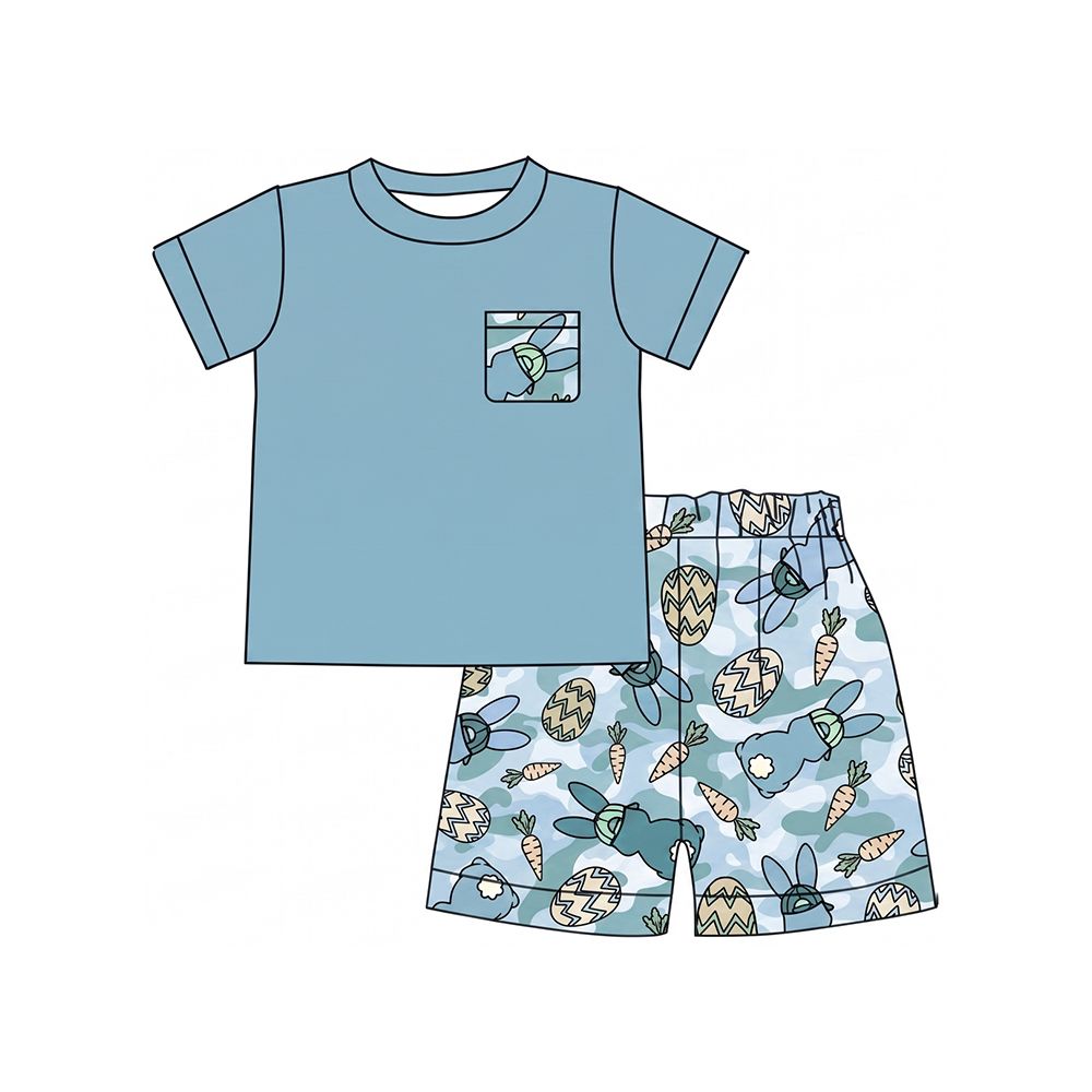 Moq 5 Preorder Baby Boys Kids Short Sleeves Shirt Rabbits Eggs Camo Shorts Easter Set Clothes