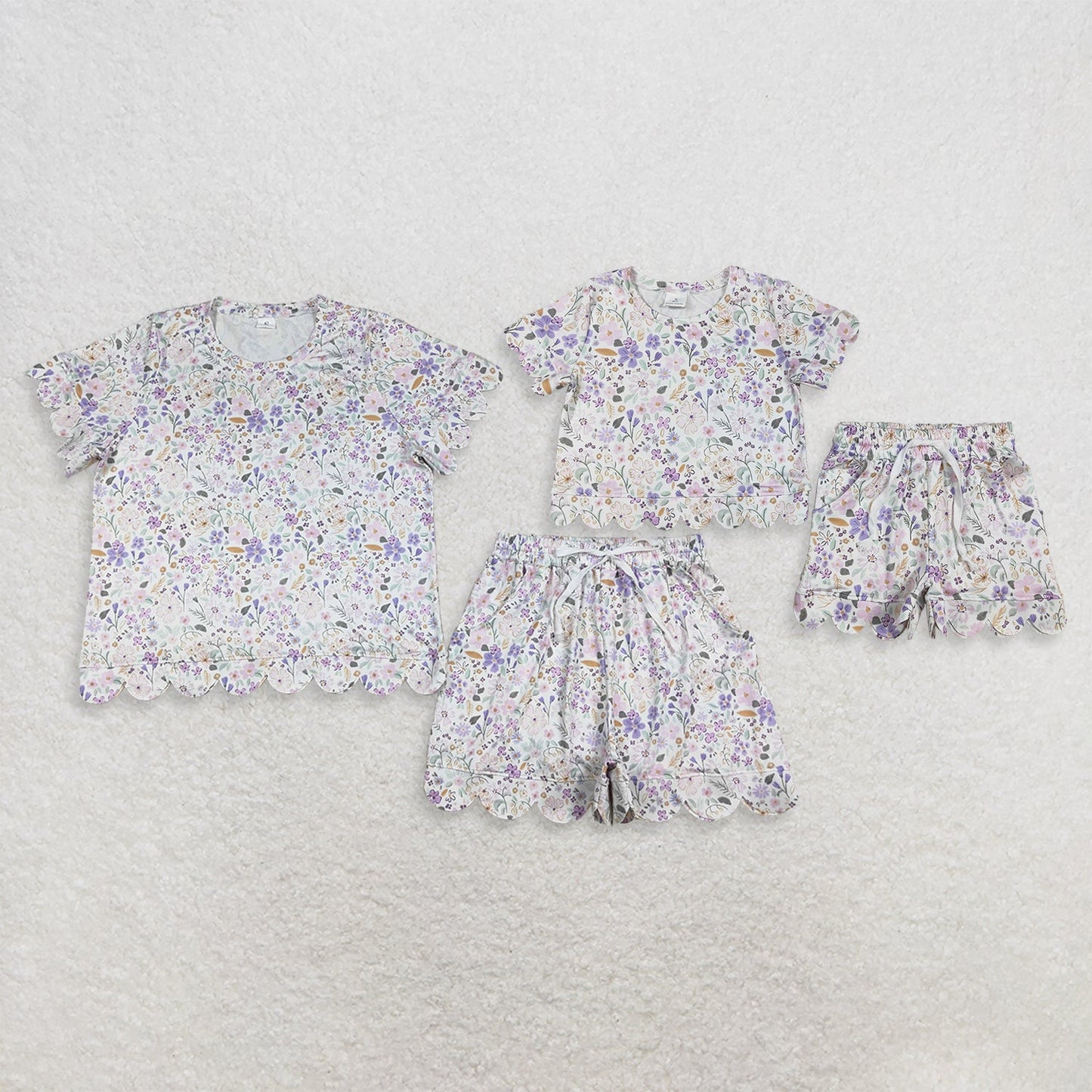 Sibling Baby Girls Adult Women Short Sleeves Purple Flower Shirts Shorts Scallop Sets Summer Clothes