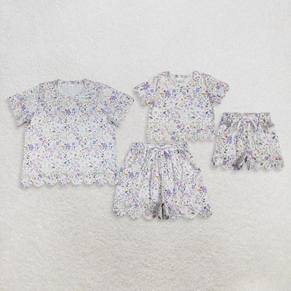 Sibling Baby Girls Adult Women Short Sleeves Purple Flower Shirts Shorts Scallop Sets Summer Clothes