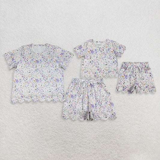 Sibling Baby Girls Adult Women Short Sleeves Purple Flower Shirts Shorts Scallop Sets Summer Clothes