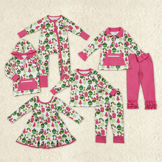 Sibling Girls Kids Long Sleeves Green Face Tree Christmas Zipper Romper Dress Set