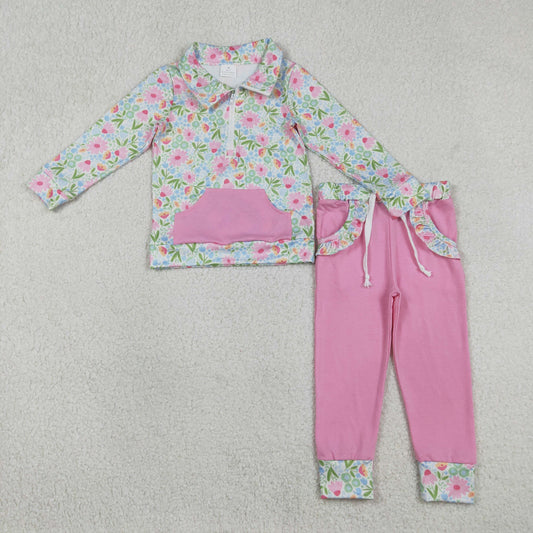 RTS Baby Girls Kids Long Sleeves Flower Zipper Shirt Pockets Pink Pants Clothes Set