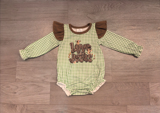No moq Preorder Baby Girl Long Sleeves Ducks Jesus Green Plaid Bubble Romper