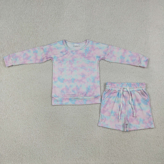 RTS Baby Girls Kids Long Sleeves Tie Dye Tops Pockets Shorts Clothes Set