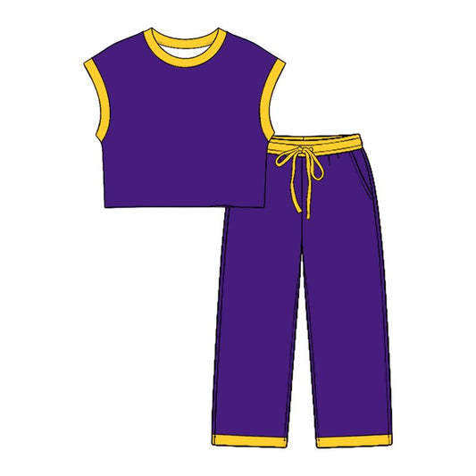 Moq 5 Preorder Baby Girls Kids Yellow Trim Shirt Tops Pockets Pants Cotton Set Purple Clothes