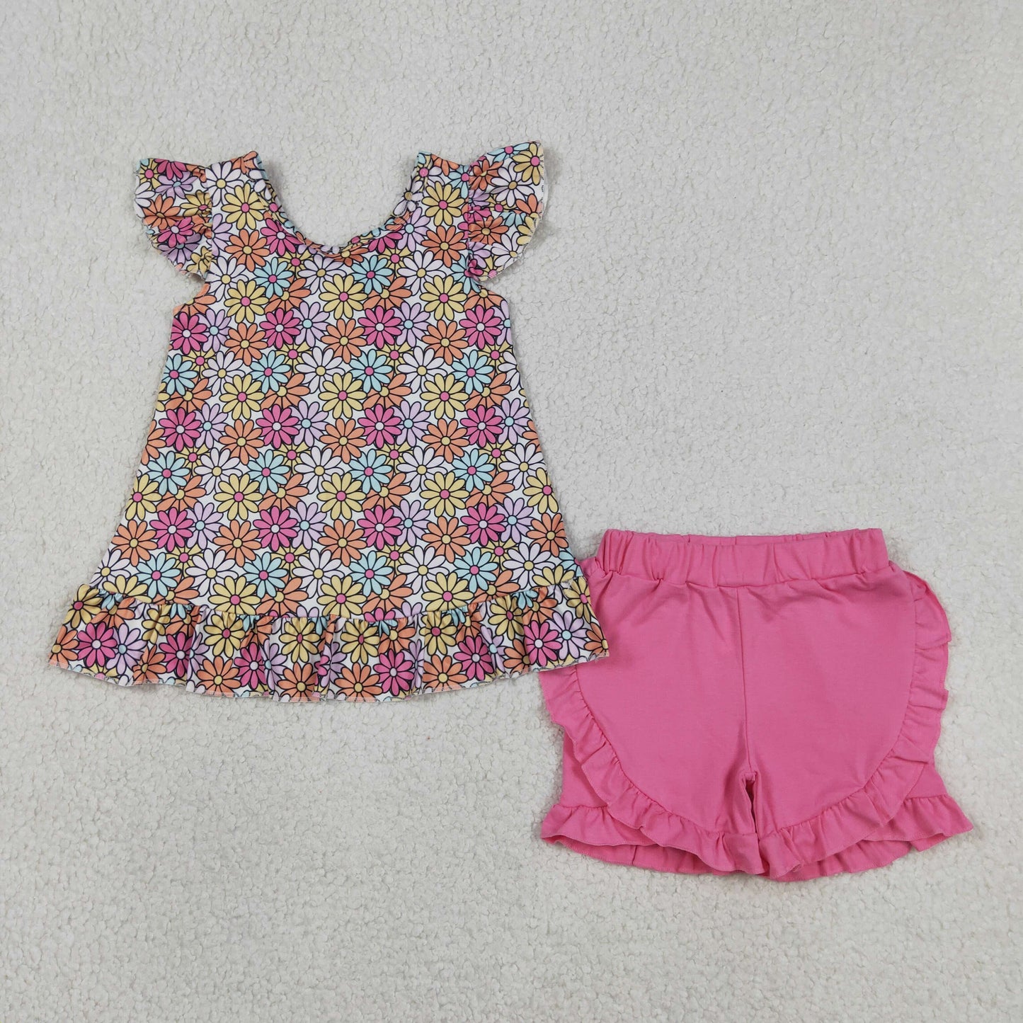 Baby Girls Kids Short Sleeves Flower Tunic Pink Ruffle Shorts Summer Set