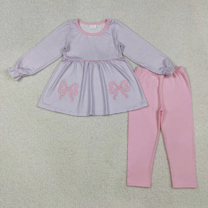 Sibling Baby Girls Kids Long Sleeves Embroidery Bows Stripes Tops Pants Clothes Sets
