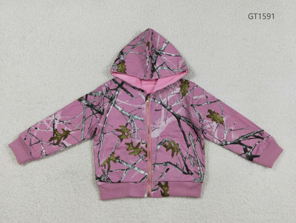 RTS Baby Girls Long Sleeves Southern Leaves Camo Zipper Pockets Pink Hoodie Jackets Coat