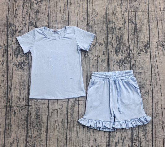 Preorder Baby Girls Short Sleeves Blue Tops Ruffle Shorts Summer Clothes Set