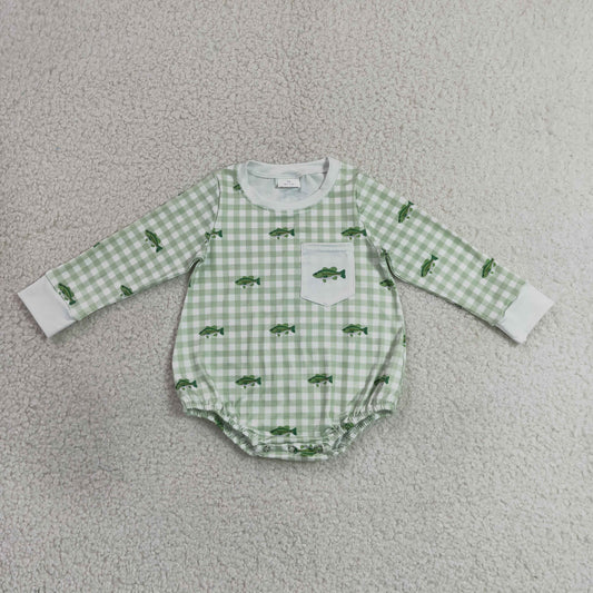 Baby Boys Infant Long Sleeves Fish Green Plaid Pocket Romper Clothes