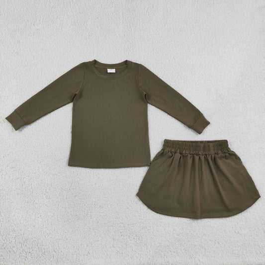 Baby Girls Kids Long Sleeves Olive Shirt Pockets Skirt Shorts Cotton Set Clothes