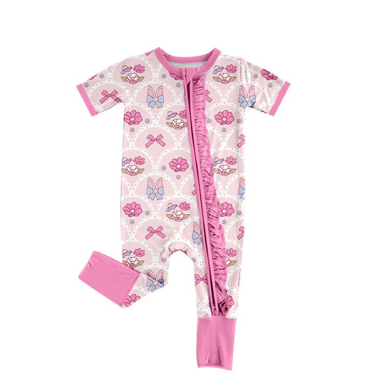 Moq 5 Preorder Baby Girls Infant Rabbits Bows Flower Zipper Footie Sleeper Easter Romper Clothes