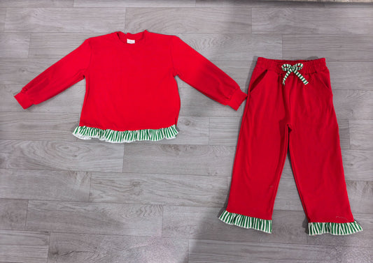 No moq Preorder Baby Girls Kids Stripes Ruffle Shirt Pockets Pants Red Set Christmas Clothes