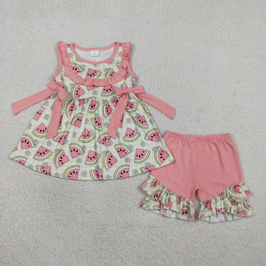 RTS Baby Girls Kids Sleeveless Watermelon Flower Bows Tunic Shorts Clothes Set