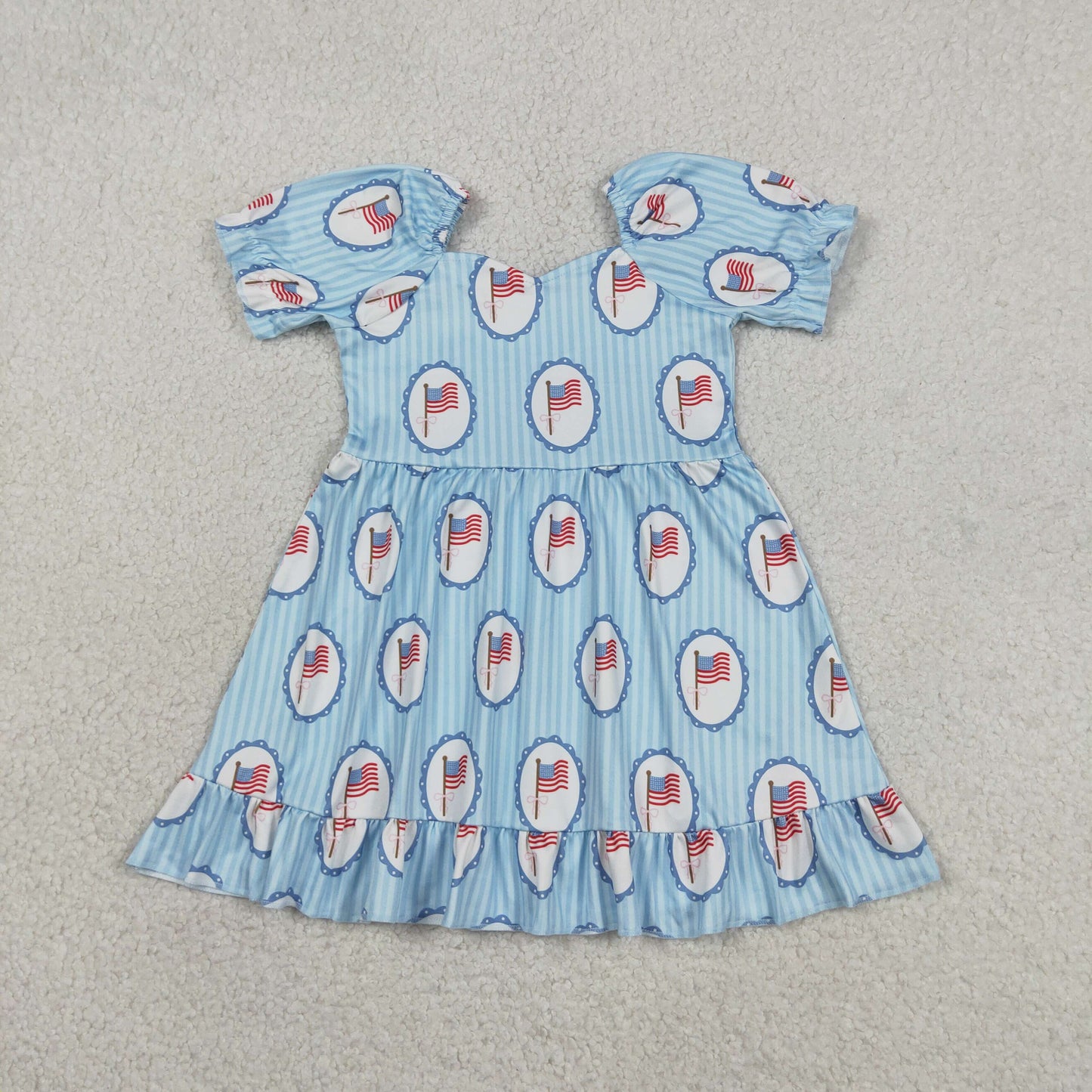 Baby Girls Kids Short Sleeves Bows Flags Stripes 4th of July Dress Summer Clothes