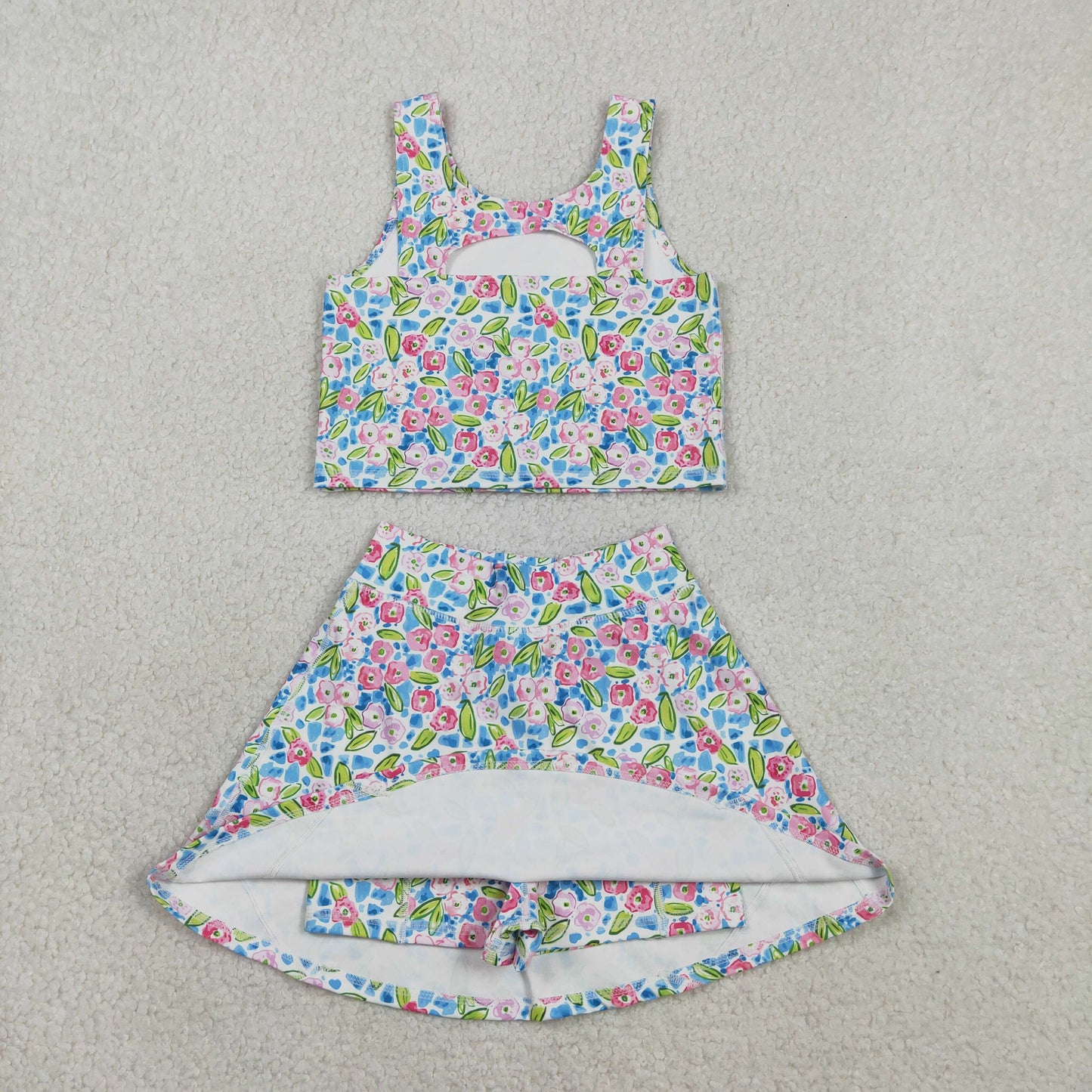 RTS Baby Girls Kids Sleeveless Flower Tops Shorts Skirt Yoga Active Blue Set