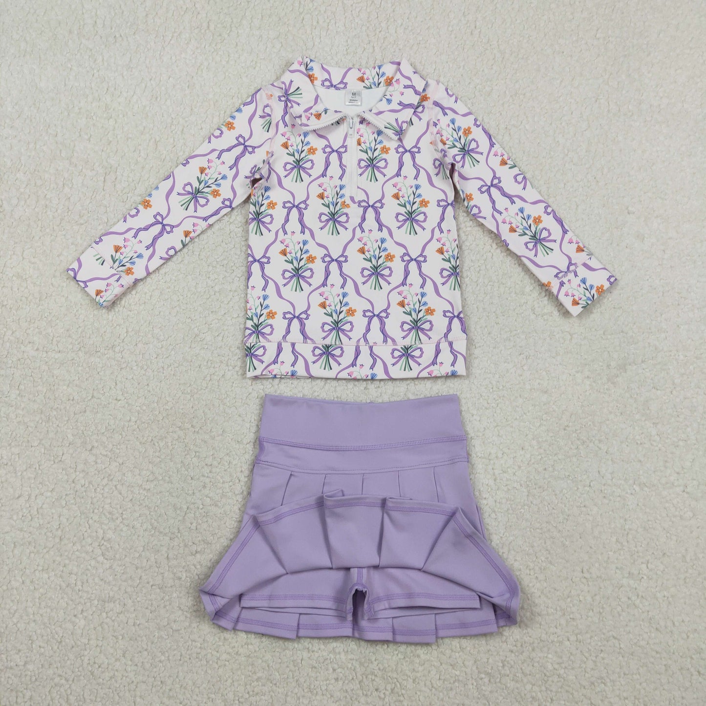 RTS Baby Girls Floral Bows Zipper Shirt Shorts Skirt Skort Yoga Active Purple Clothes Set
